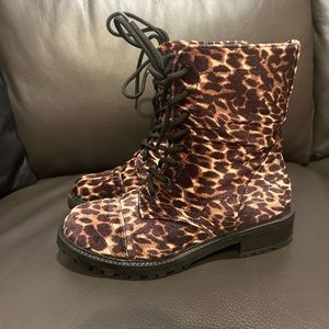 Madden Girl, size 7 velour fabric animal print boots. Both lace up and zipper.